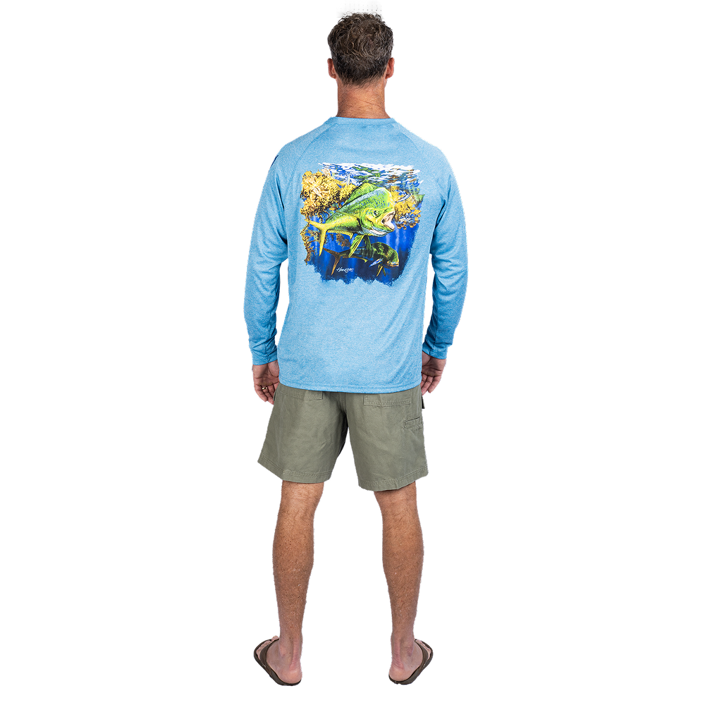 Hook M' Men's Long Sleeve Shirt - Mahi 3 Gulf Blue Heather