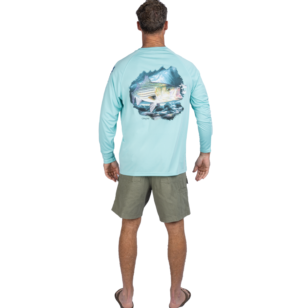 Hook M' Men's Long Sleeve Shirt - Striped Bass 4 Aqua